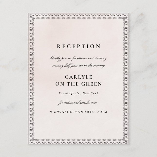 Elegant Blush and Black Watercolor Lace Reception Enclosure Card (Front)