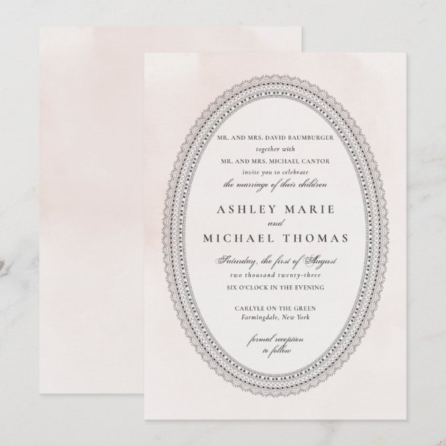 Elegant Blush and Black Watercolor Lace Wedding Invitation (Front/Back)