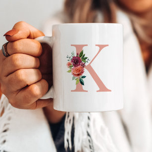 Elegant Blush and Burgundy Floral Monogram Initial Coffee Mug