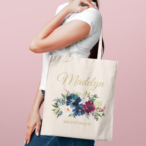 Elegant Blush and Burgundy Floral Monogram Name Tote Bag