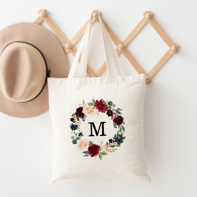 Elegant Blush and Burgundy Floral Wreath Monogram Tote Bag (Creator Uploaded)