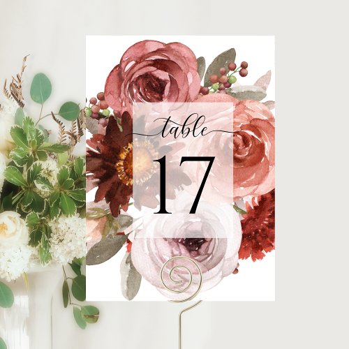 Elegant Blush and Burgundy Wedding or Other Event Table Number