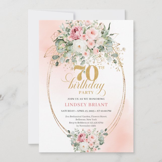 Elegant Blush and Gold 70th Birthday Invitation (Front)