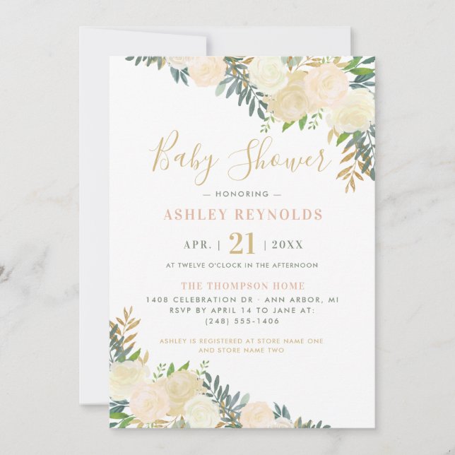 Elegant Blush and Gold Floral Greenery Baby Shower Invitation (Front)