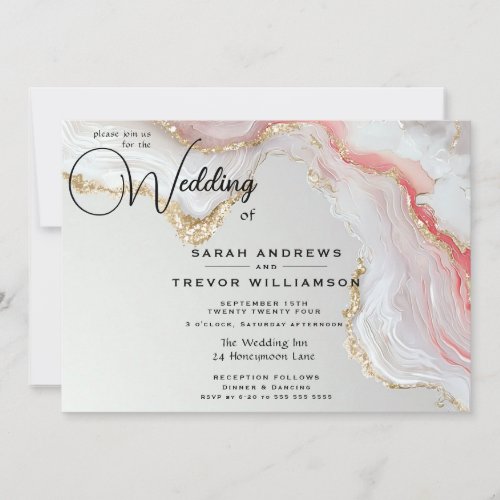 Elegant Blush and Gold Fluid Ink Agate  Invitation