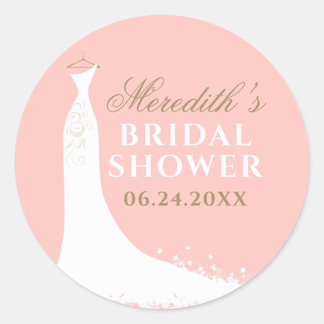 Elegant Blush and Gold Wedding Gown Bridal Shower Classic Round Sticker (Front)