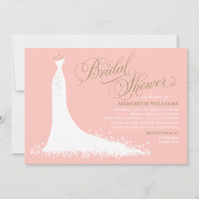 Elegant Blush and Gold Wedding Gown Bridal Shower Invitation (Front)