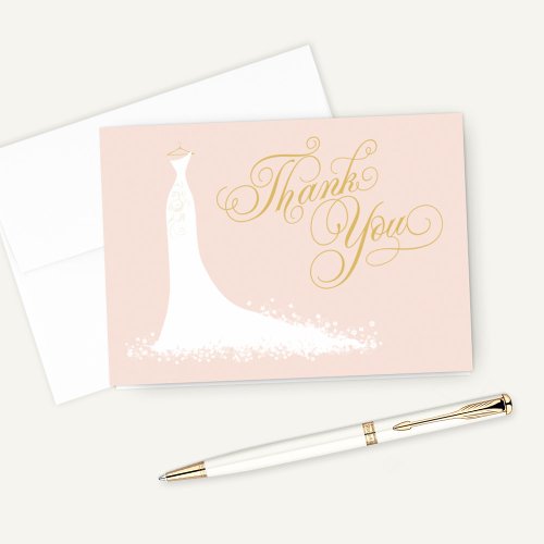 Elegant Blush and Gold Wedding Gown Bridal Shower Thank You Card