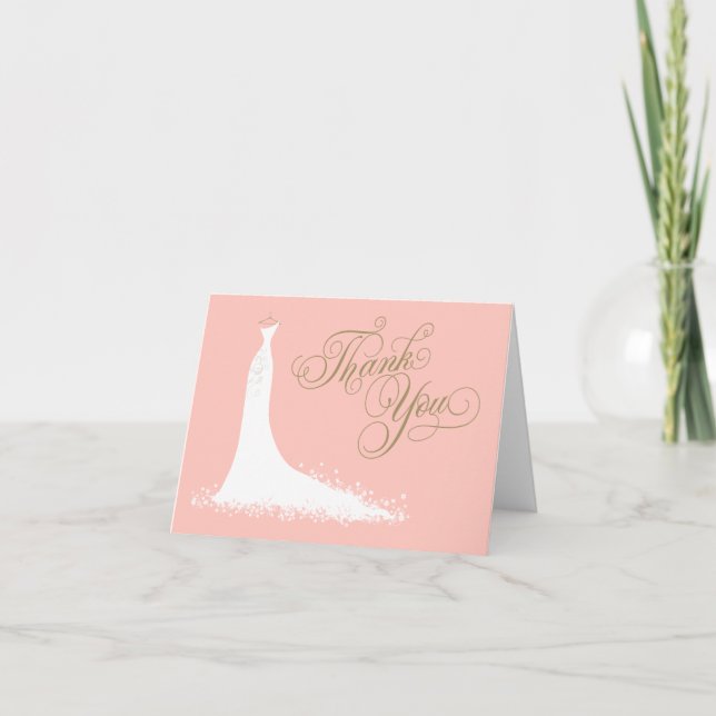 Elegant Blush and Gold Wedding Gown Bridal Shower Thank You Card (Front)