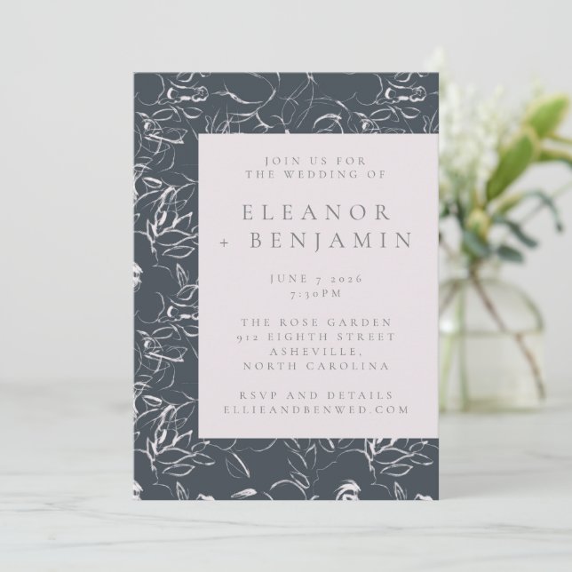 Elegant Blush and Gray Botanical Drawing Wedding Invitation (Standing Front)