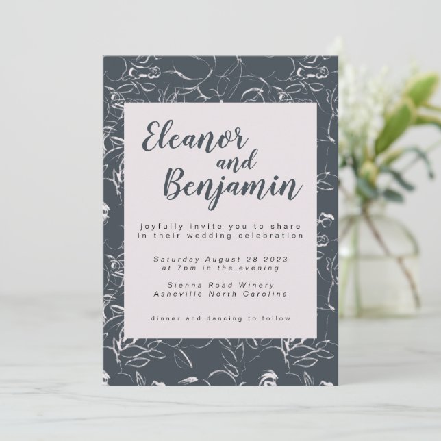 Elegant Blush and Gray Botanical Floral Wedding Invitation (Standing Front)