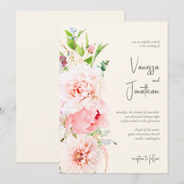 Elegant Blush and Ivory Floral Invitation (Front/Back)