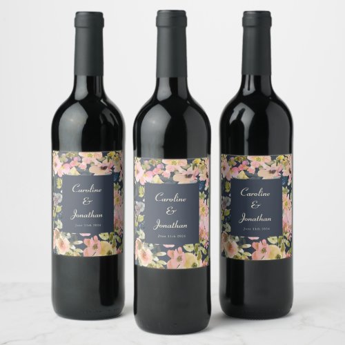 Elegant Blush and Navy Floral Custom Wedding Wine Label