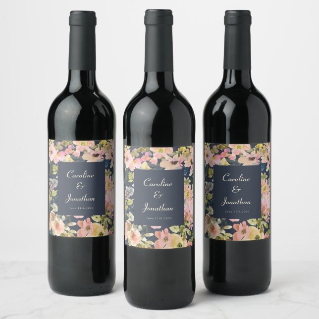 Elegant Blush and Navy Floral Custom Wedding Wine Label (Bottles)