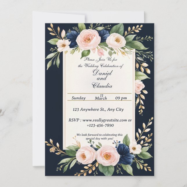 Elegant Blush and Navy Floral Wedding Invitation (Front)