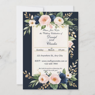 Elegant Blush and Navy Floral Wedding Invitation
