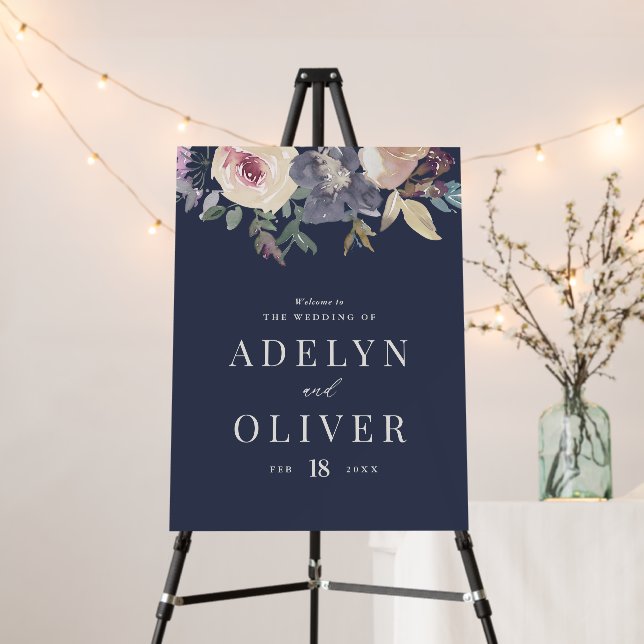 Elegant Blush and Navy Floral Wedding Welcome Sign (In Situ (Stand))