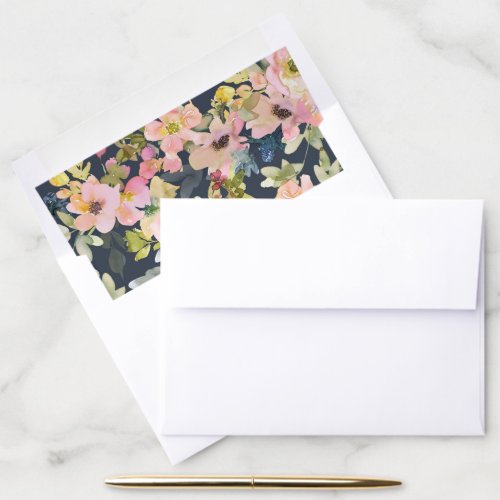 Elegant Blush and Navy Watercolor Floral Wedding Envelope Liner