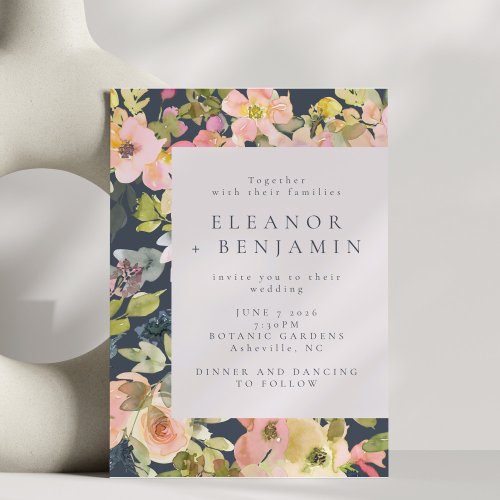 Elegant Blush and Navy Watercolor Floral Wedding Invitation