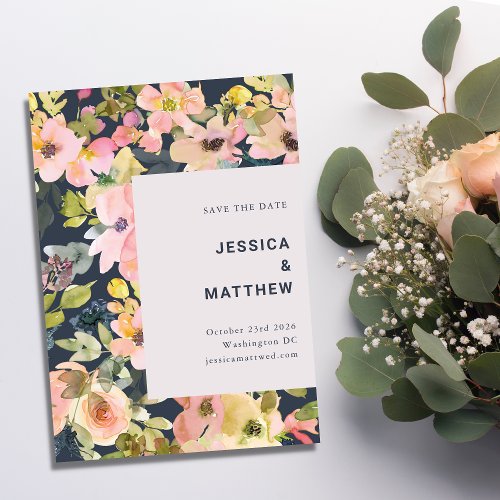 Elegant Blush and Navy Watercolor Floral Wedding  Save The Date