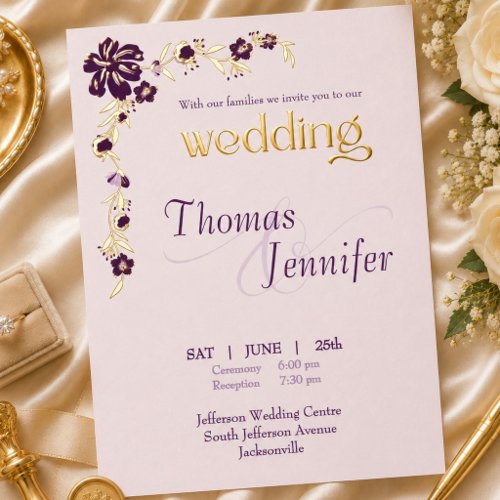 Elegant Blush and Plum Botanical Wedding Gold Foil Invitation