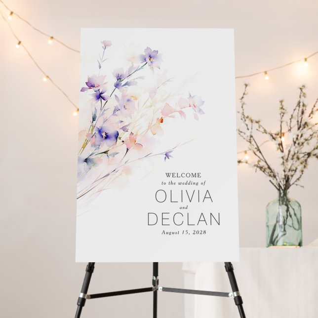 Elegant Blush and Purple Flowers Wedding Welcome Foam Board (In Situ (Stand))