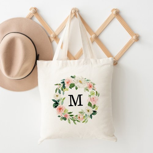 Elegant Blush and White Floral Wreath Monogram Tote Bag