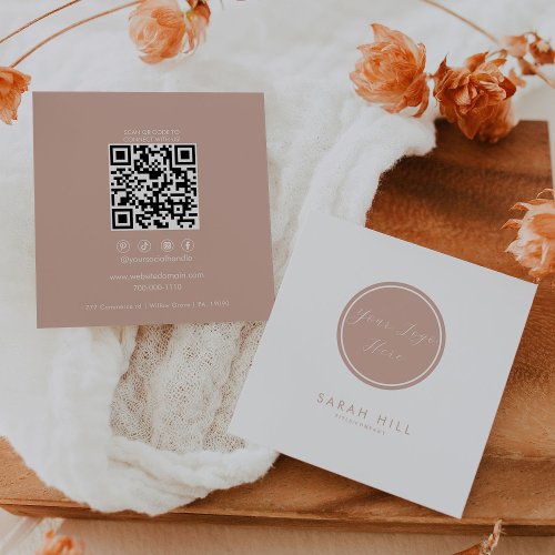 Elegant Blush and White Logo Formal QR Code Square Business Card