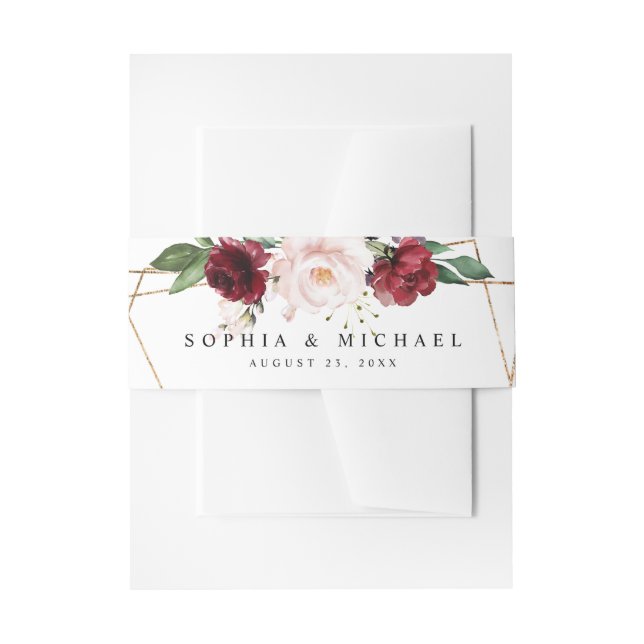 Elegant Blush and Wine Floral Gold Geometric Shape Invitation Belly Band (Front Example)