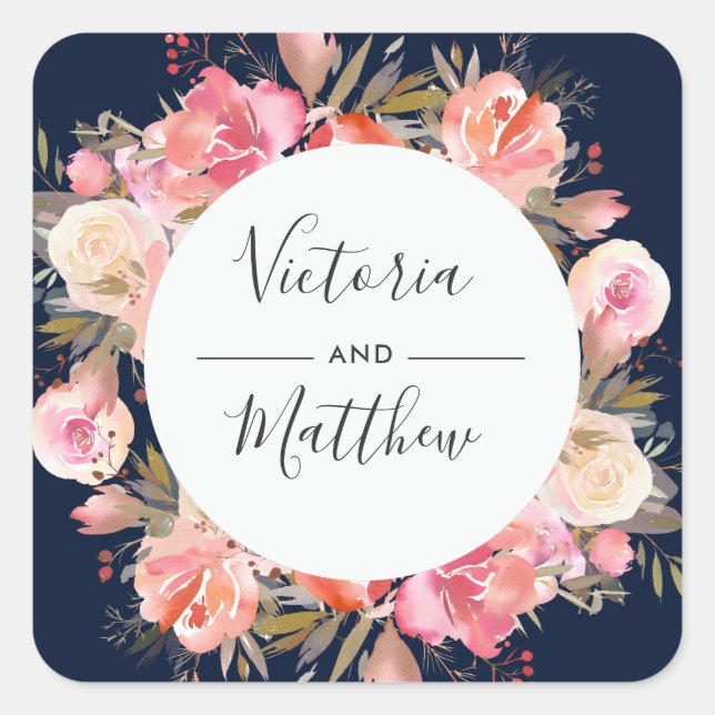 Elegant Blush Bloom Floral Wedding Personalized Square Sticker (Front)