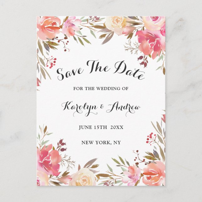 Elegant Blush Bloom Floral Wedding Save the Date Announcement Postcard (Front)