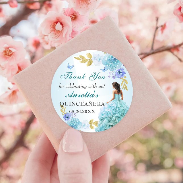Elegant Blush Blue Floral Quinceanera Birthday Classic Round Sticker (Creator Uploaded)