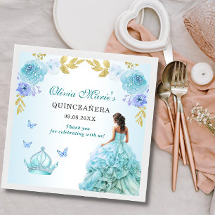 Elegant Blush Blue Floral Quinceañera Birthday Napkins