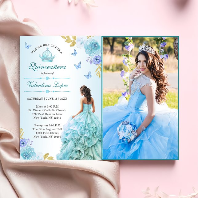 Elegant Blush Blue Floral Quinceañera Invitation (Creator Uploaded)