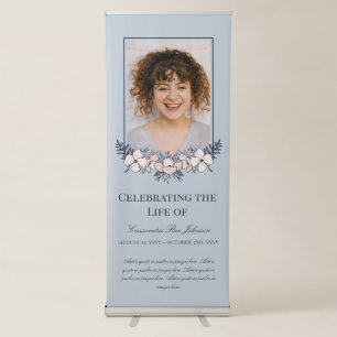 Elegant Blush Blue Flowers Photo Memorial Funeral Retractable Banner