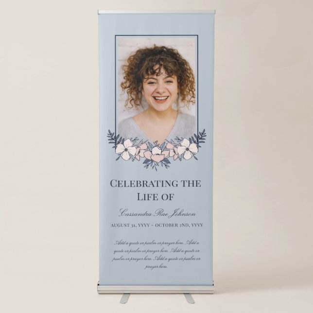 Elegant Blush Blue Flowers Photo Memorial Funeral Retractable Banner (Front)