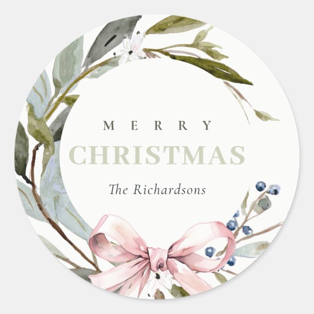 Elegant Blush Blue Green Winter Christmas Wreath Classic Round Sticker (Front)