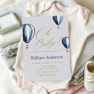 Elegant Blush & Blue Hot Air Balloon Baby Shower Invitation