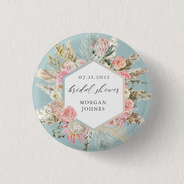 elegant blush bohemian floral Bridal Shower  Butto Button (Front)