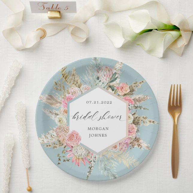 Elegant Blush Bohemian Floral Bridal Shower Paper Plates (Wedding)