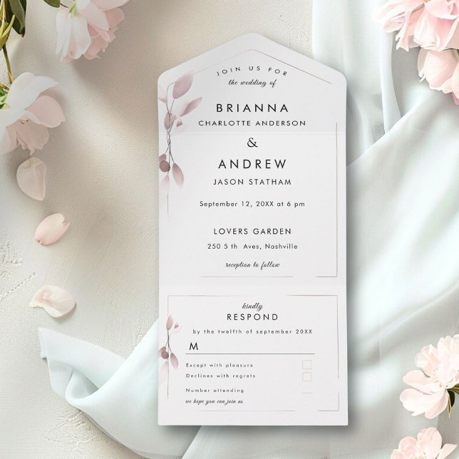Elegant Blush Botanical All in One Wedding Invite  (Elegant Blue Botanical All in One Wedding Invite)
