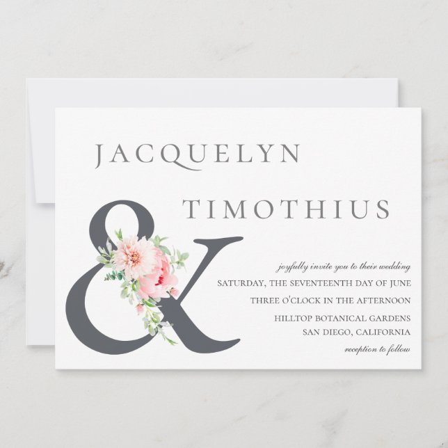 Elegant Blush Botanical Ampersand Wedding Invitation (Front)