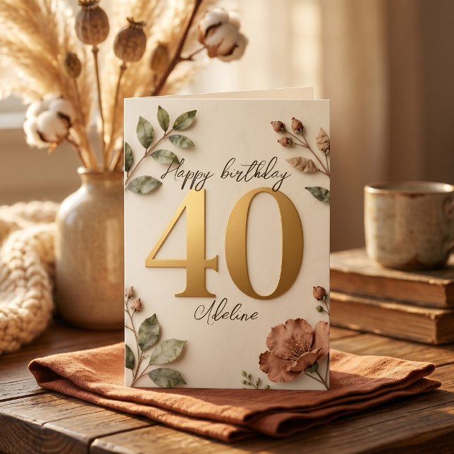 Elegant Blush Botanical Faux Gold 40th Birthday Card (Creator Uploaded)