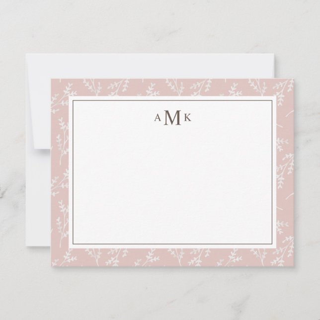 Elegant Blush Botanical Monogrammed Note Card (Front)