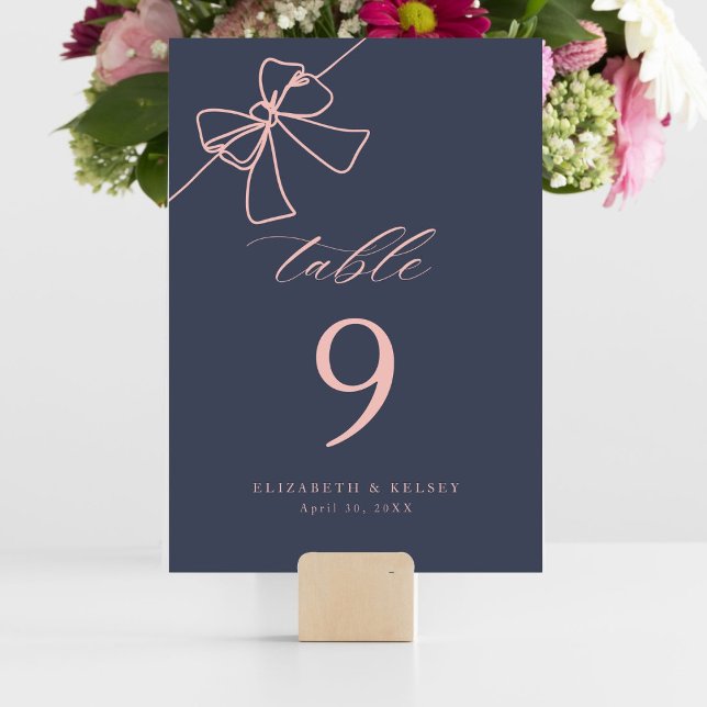 Elegant Blush Bow Chic Slate Blue Table Number (Creator Uploaded)