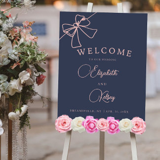 Elegant Blush Bow Slate Blue Wedding Welcome sign