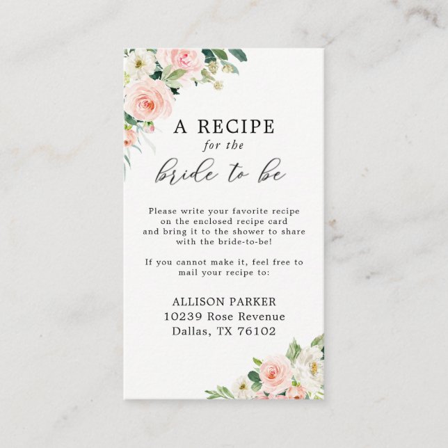 Elegant Blush Bridal Shower Recipe Request Card (Front)