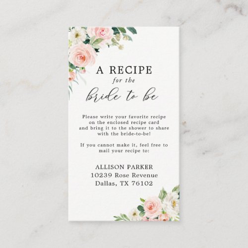 Elegant Blush Bridal Shower Recipe Request Card