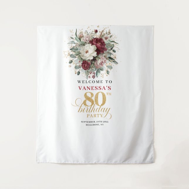 Elegant Blush Burgundy 80th Birthday Backdrop (Front)