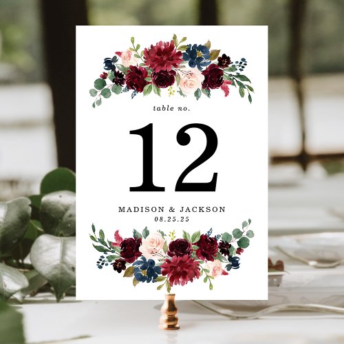 Elegant Blush Burgundy and Navy Floral Wedding Table Number